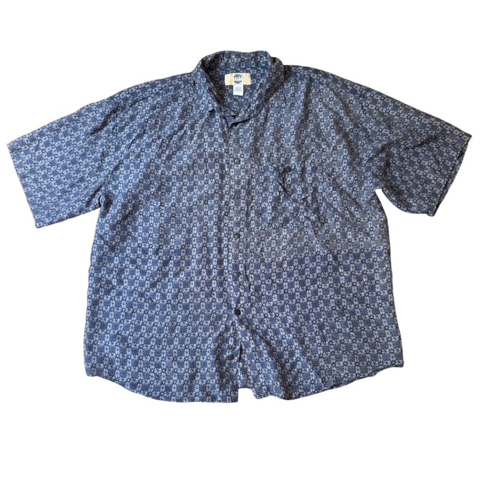 Silk Button Front Shirt Men Blue Floral Geometric Short‎ Sleeve Casual SIZE XL
